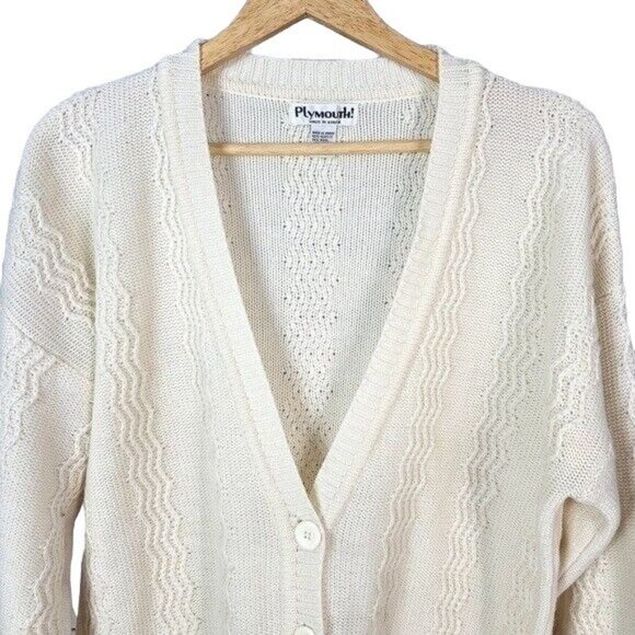 Plymouth! Womens Sweater Cardigan Cream Medium V Neck Pockets Long Sleeve VTG - Picture 2 of 6